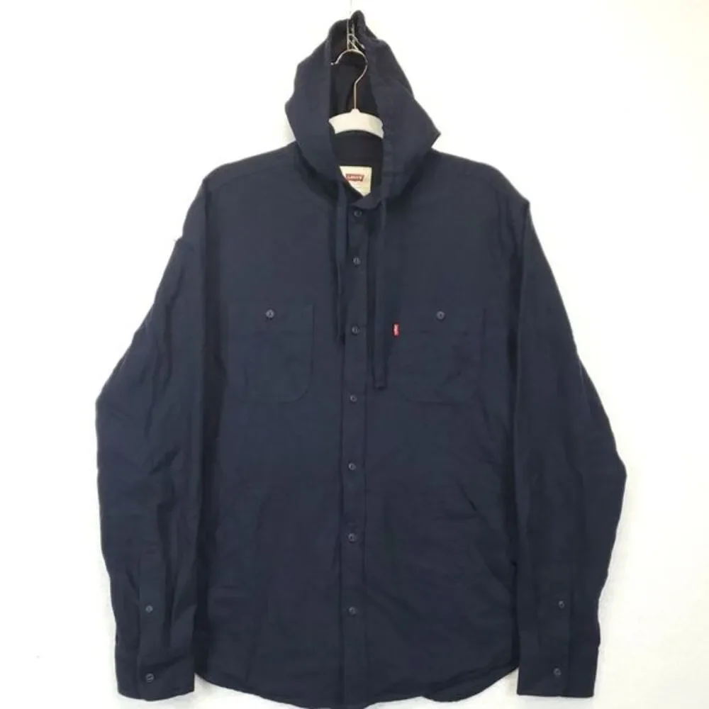 Levi's Button Up Hooded Shirt Men M Long Sleeve Front‎ Pockets Navy Blue Cotton